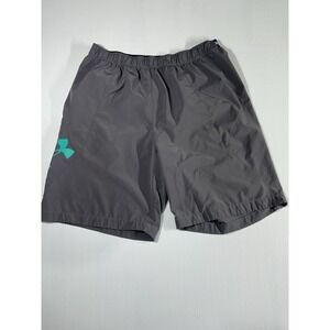 Under Armour UA Men's Vanish Woven Gray Storm Shorts Teal Logo Heatgear Loose LG